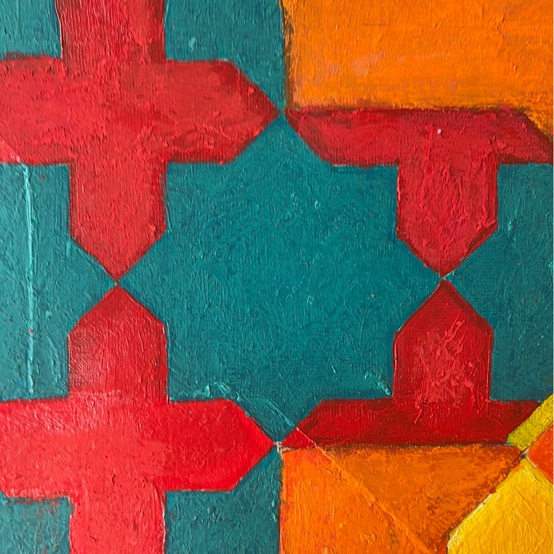 close up view 15 x 11.5 Acrylic and oil pastel collage on paper.